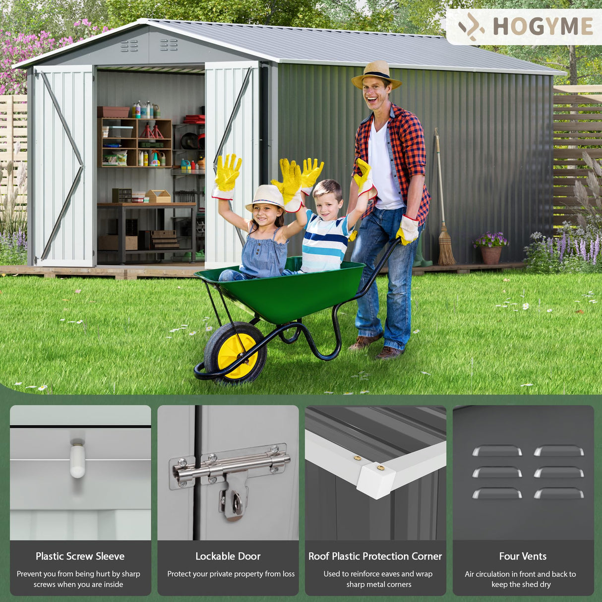 HOGYME 10x12 FT Outdoor Storage Shed, Large Metal Tool Sheds with Updated Frame Structure and Lockable Doors, Garden Shed for Backyard Garden Patio Lawn Grey HOGYME