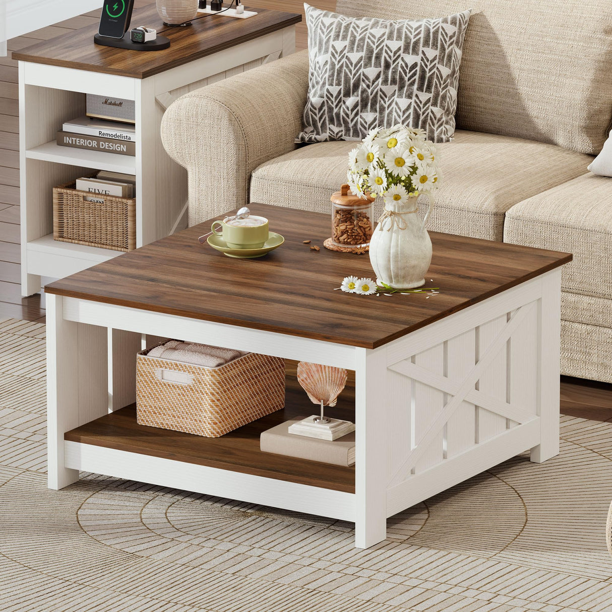 DWVO Farmhouse Coffee Table, Square Coffee Table with Storage, Rustic Wood Cocktail Table, for Living Meeting Room with Half Open Storage Compartment, Brown with White DWVO