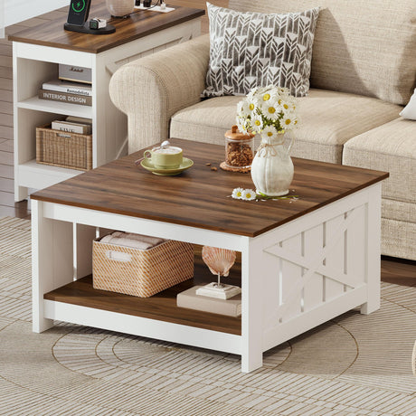 DWVO Farmhouse Coffee Table, Square Coffee Table with Storage, Rustic Wood Cocktail Table, for Living Meeting Room with Half Open Storage Compartment, Brown with White DWVO