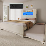 YITAHOME Bed with Trundle, Twin Size Bed Frame with Bookcase Daybed Storage Headboard and Charging Station, RGB LED Lights Bed with Wooden Support for Bedroom, No Box Spring Needed, Noise Free, White YITAHOME