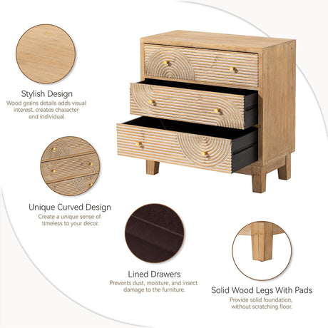 COZAYH 3-Drawer Farmhouse Dresser with Handicraft Wood Ring Motif, Fully Assembled Nightstand Wooden Finish for Boho, Mid-Century, Natural Wood, Rustic Style COZAYH