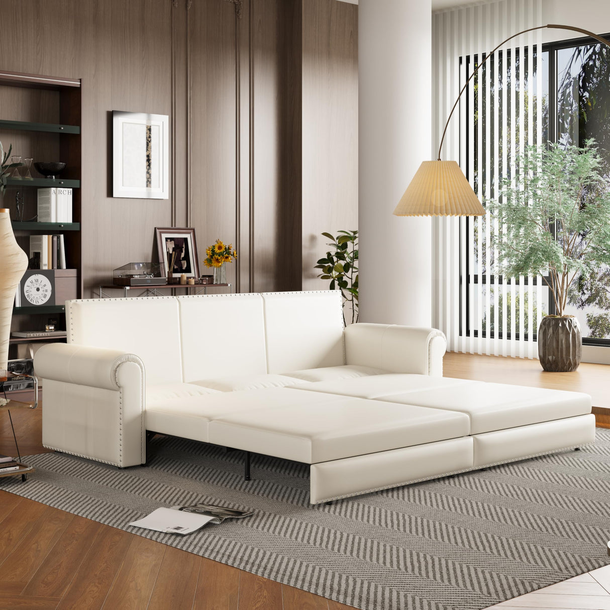 DNChuan 93.7" Chesterfield 3 Seater Pull Out Sofa Bed King Size with Pillows, PU Leather 3-in-1 Convertible Sleeper Couch with Nails Trim, Space Saving for Living Room, Cream White DNChuan