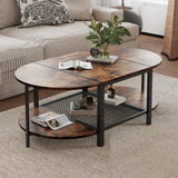 SENIG Oval Coffee Table with Rustic Wood Finish, 2-Tier Storage Shelf and Metal Frame, Living Room Center Table Modern, Vintage Brown SENIG