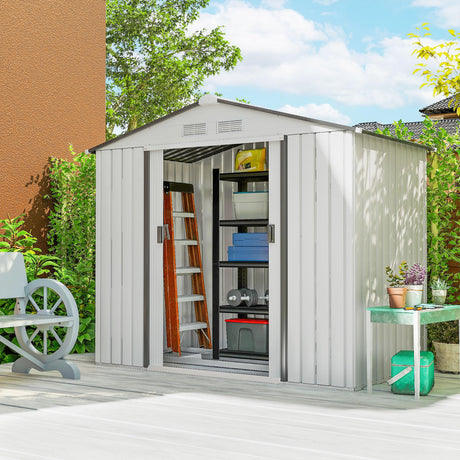 Outsunny 7' x 4' Outdoor Storage Shed, Garden Tool Metal Shed with Foundation Kit, Double Lockable Door, Air Vents and Sloping Roof, for Backyard, Patio, Lawn, White Outsunny