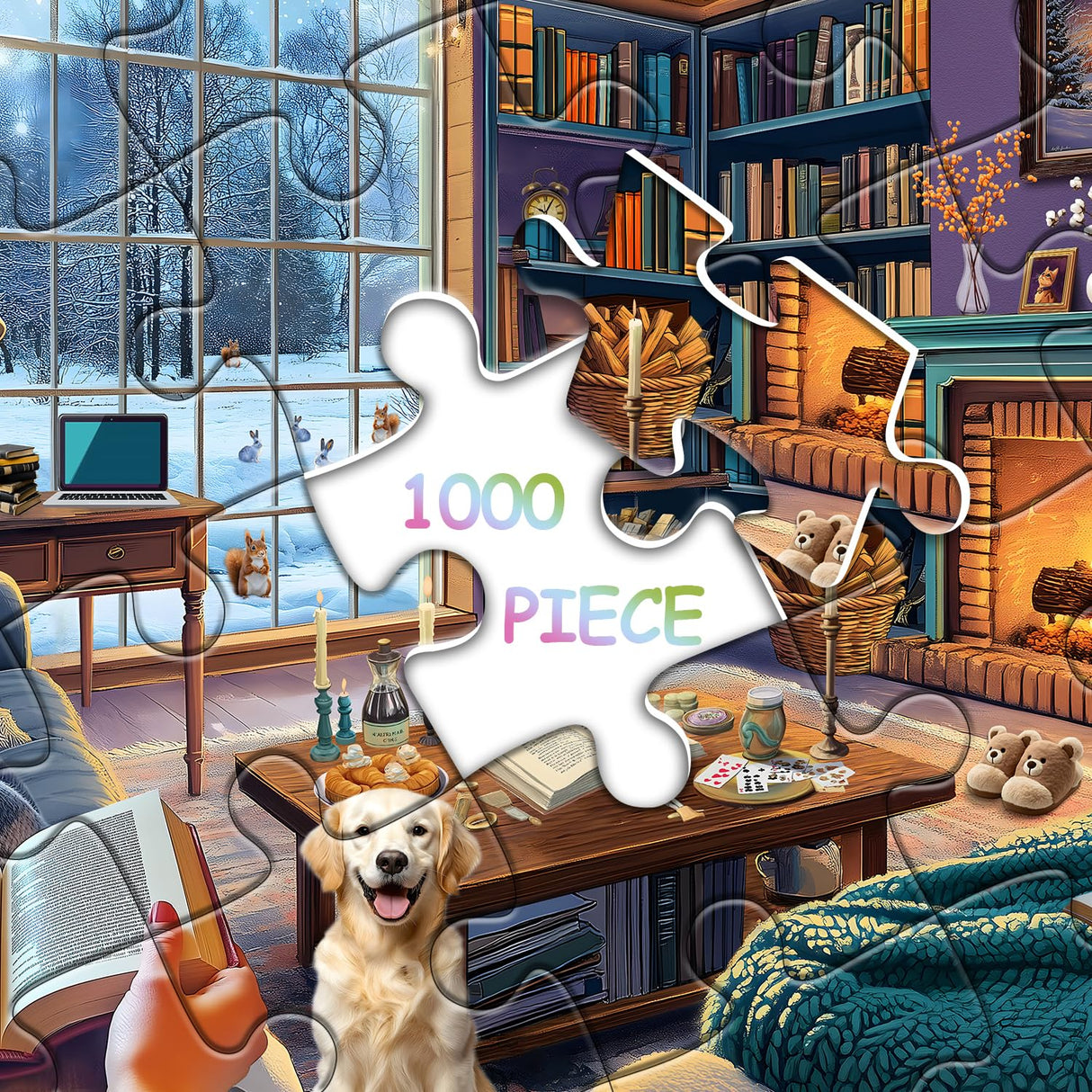 Winter Puzzles for Adults 1000 Piece, Cozy Cabin Puzzle Dog Cat Book Jigsaw Puzzle, Winter Cabin Puzzle Kittens PICKFORU