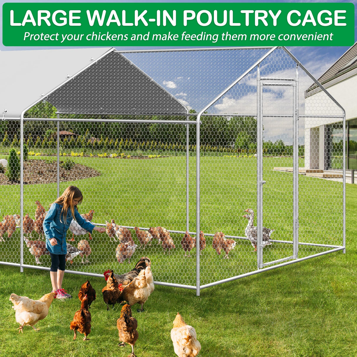 Raysfung Large Metal Chicken Coop, Walk-in Chicken Run Pen with Waterproof Cover, Spire Roof Poultry Cage for Outdoor, Backyard, Farm(9.7'Wx12.99'Lx6.4'H) Raysfung