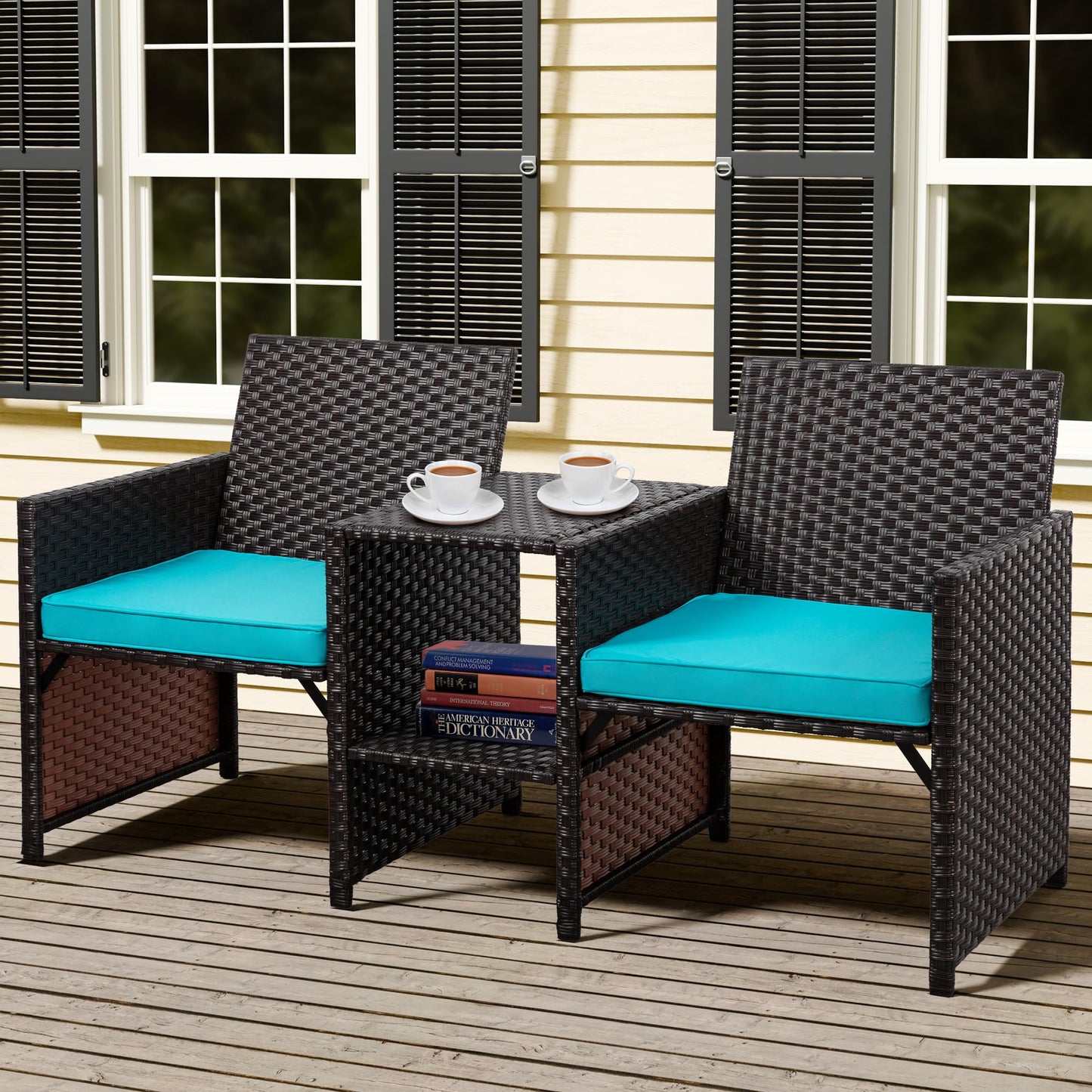 Shintenchi Wicker Patio Conversation Furniture Set with Detachable Chairs & Table and Two Removable Cushions,Rattan Wicker Lover Chair for Patio,Garden, Courtyard and Lawn Backyard (Blue)