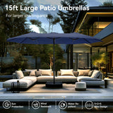 PHI VILLA 15ft Large Patio Umbrellas with Base Included, Outdoor Double-Sided Rectangle Market Umbrella with Crank Handle, for Pool Lawn Garden, Blue PHI VILLA