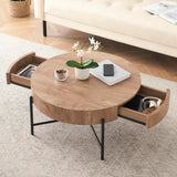 CABIHOME Round Coffee Table with Two Drawers Circle Center Table with Storage Farmhouse Coffee Table Living Room Wood Look Cocktail Table with Metal Frame Natural CABIHOME