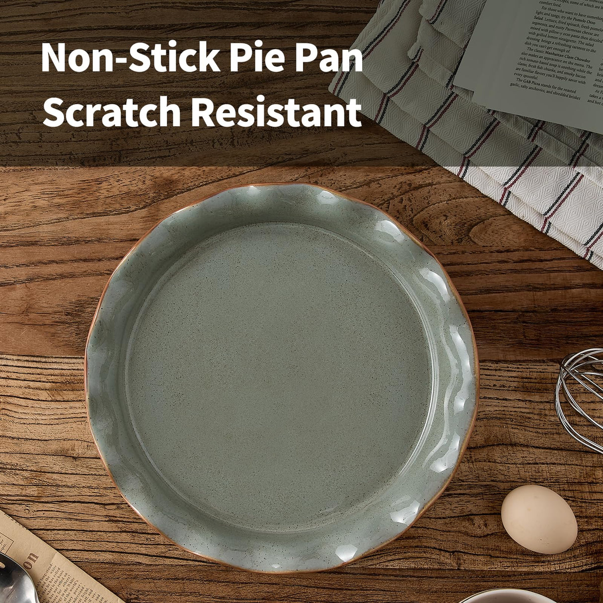 SIDUCAL Ceramic Pie Pan for Baking[10.5 inch],Reusable NonStick Ceramic Pie Plate with Ruffled Edge,Deep and Fluted Pie Dish for Apple Pie,Quiche,Pot Pies, Tart, etc（Green） SIDUCAL