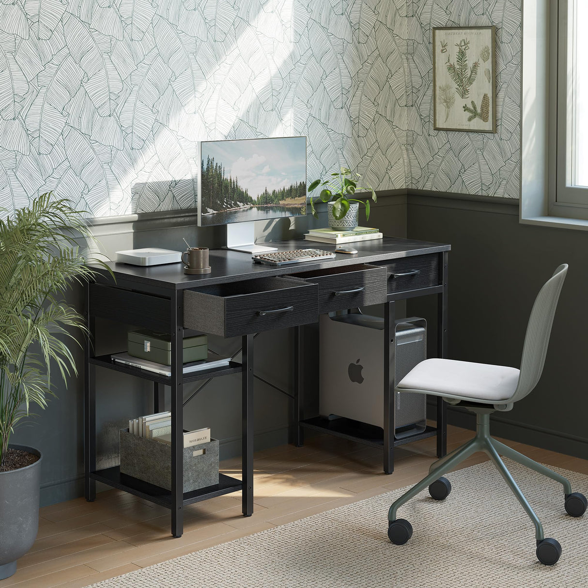 CubiCubi 47 Inch Computer Desk with 3 Drawers and Storage Shelves, Small Home Office Desk, Study Writing Table, Simple Desk for Bedroom, Black CubiCubi