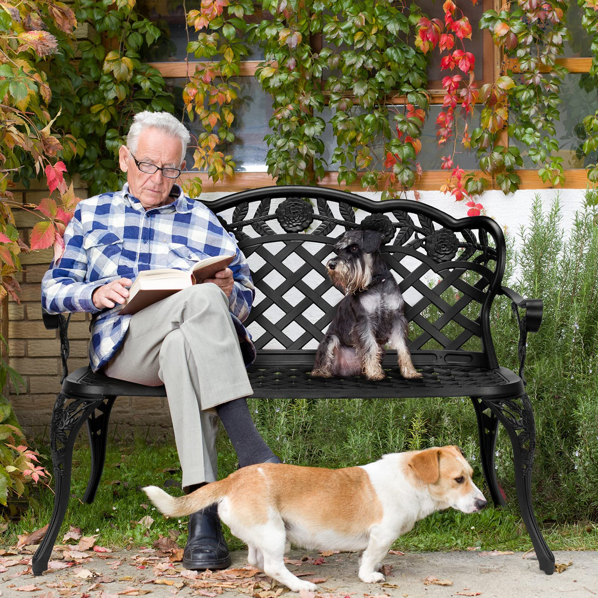 VINGLI 42.5" Outdoor Bench, Antique Cast Aluminum Front Porch Bench Metal Garden Benches Cast Iron Benches 2-3 People Seating (Black) VINGLI