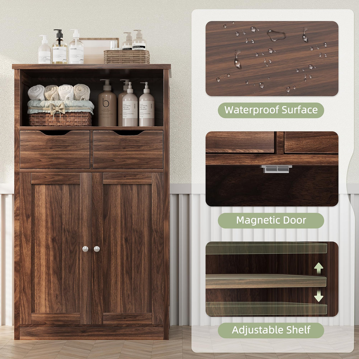 Shintenchi Floor Storage Cabinet, Bathroom Storage Organizer with Doors and Drawers, Freestanding Side Cupboard Pantry with Adjustable Shelf for Bathroom/Kitchen/Livingroom, Walnut Shintenchi