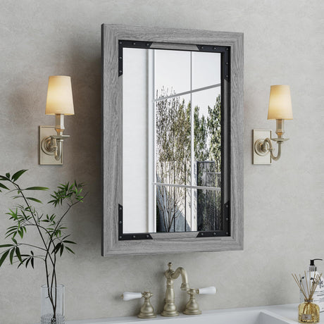 FLYJOE Medicine Cabinet Mirror 20 x 26 Inch Farmhouse Bathroom Mirror Door Solid Wood Storage Cabinet with Adjustable Shelves, Wall Mounted for Bathroom Living Room, Grey FLYJOE