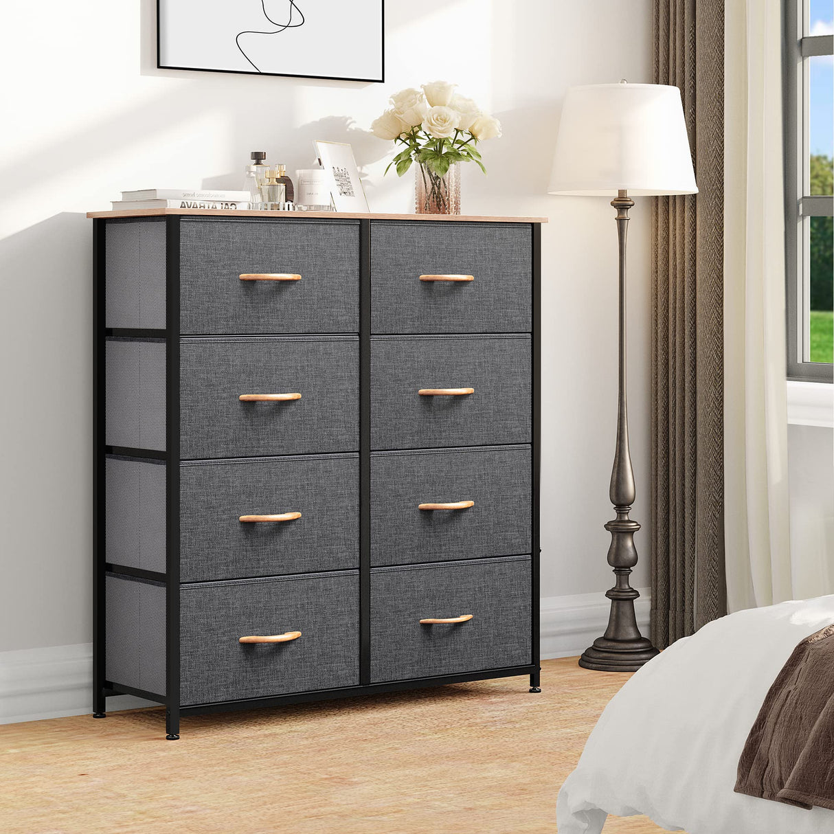 DWVO Dresser for Bedroom, Fabric Dresser with 8 Drawers, Tall Dresser, Double Dresser, Chest of Drawers for Closet, Living Room, Sturdy Steel Frame, Wooden Top, Easy Pull Handle DWVO