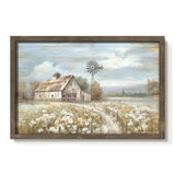 Barn Framed Wall Art Decor: Rustic Farmhouse Wooden Picture Countryside Windmill Meadow Painting Blue Sky and Wild Flowers Prints Artwork for Bedroom Kitchen 36'' x 24'' cozy country