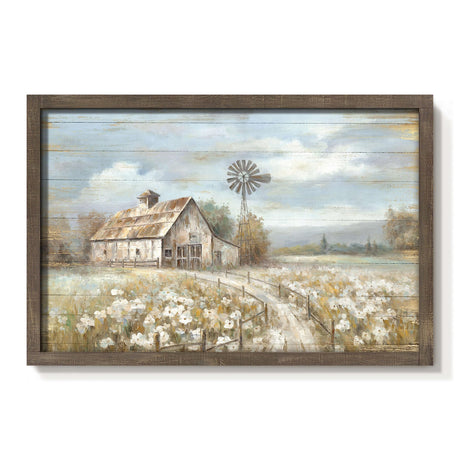Barn Framed Wall Art Decor: Rustic Farmhouse Wooden Picture Countryside Windmill Meadow Painting Blue Sky and Wild Flowers Prints Artwork for Bedroom Kitchen 36'' x 24'' cozy country