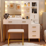 IRONCK Vanity Desk with Mirror and Lights, Makeup Vanity Table with 5 Drawers & Shelves, Power Outlet, Vanity Stool, Dressing Table with Jewelry Storage for Bedroom, White & Gold IRONCK