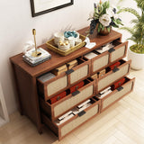 QEIUZON 6 Drawer Dresser, Modern Rattan Dresser Chest with Wide Drawers and Metal Handles, Farmhouse Wood Storage Chest of Drawers for Bedroom, Living Room, Entryway (Walnut-6 Drawers) QEIUZON