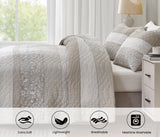 Chezmoi Collection Robyn 3-Piece Neutral Taupe Gray White Floral Hibiscus Flower Patchwork Striped Quilt Set - Pre-Washed Cotton Coverlet - Lightweight Reversible Bedspread, King Size Chezmoi Collection