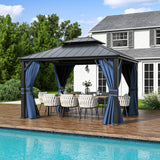 Amopatio 10' X 12' Hardtop Gazebo, Permanent Aluminum Gazebo with Galvanized Steel Double Roof, Outdoor Metal Gazebos with Curtain and Netting for Patio, Deck and Backyard, Blue Amopatio