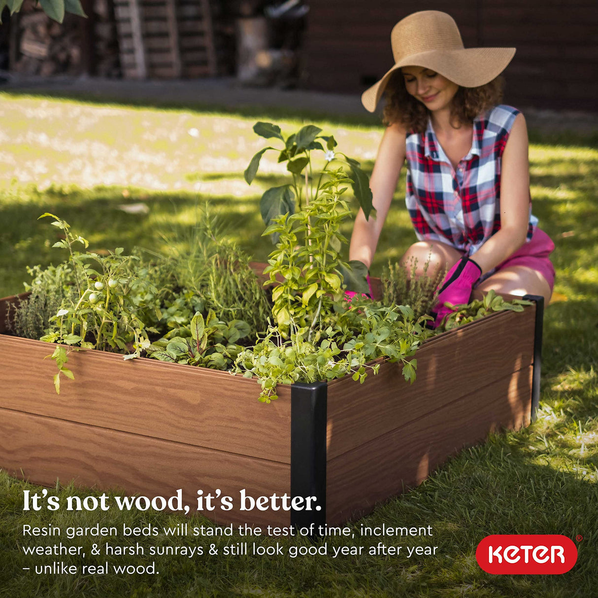 Keter 48" X 48" inches Wood Look Raised Garden Bed, Durable Outdoor Planter for Vegetables, Flowers, Herbs, and Succulents, Brown Keter