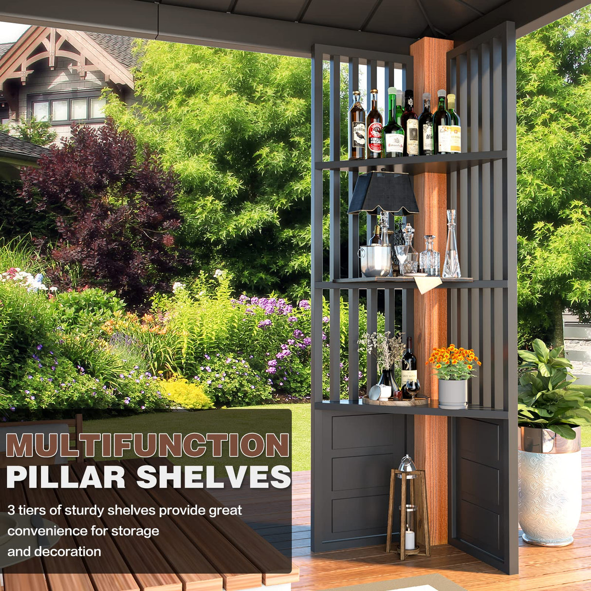 YOLENY 12' x 14' Ultra-Thick Columns and Beams Hardtop Gazebo, Faux Wood Grain Metal Gazebo with Storage Shelves, Vertical Stripe Galvanized Iron Roof, Outdoor Patio Gazebo for Patio YOLENY