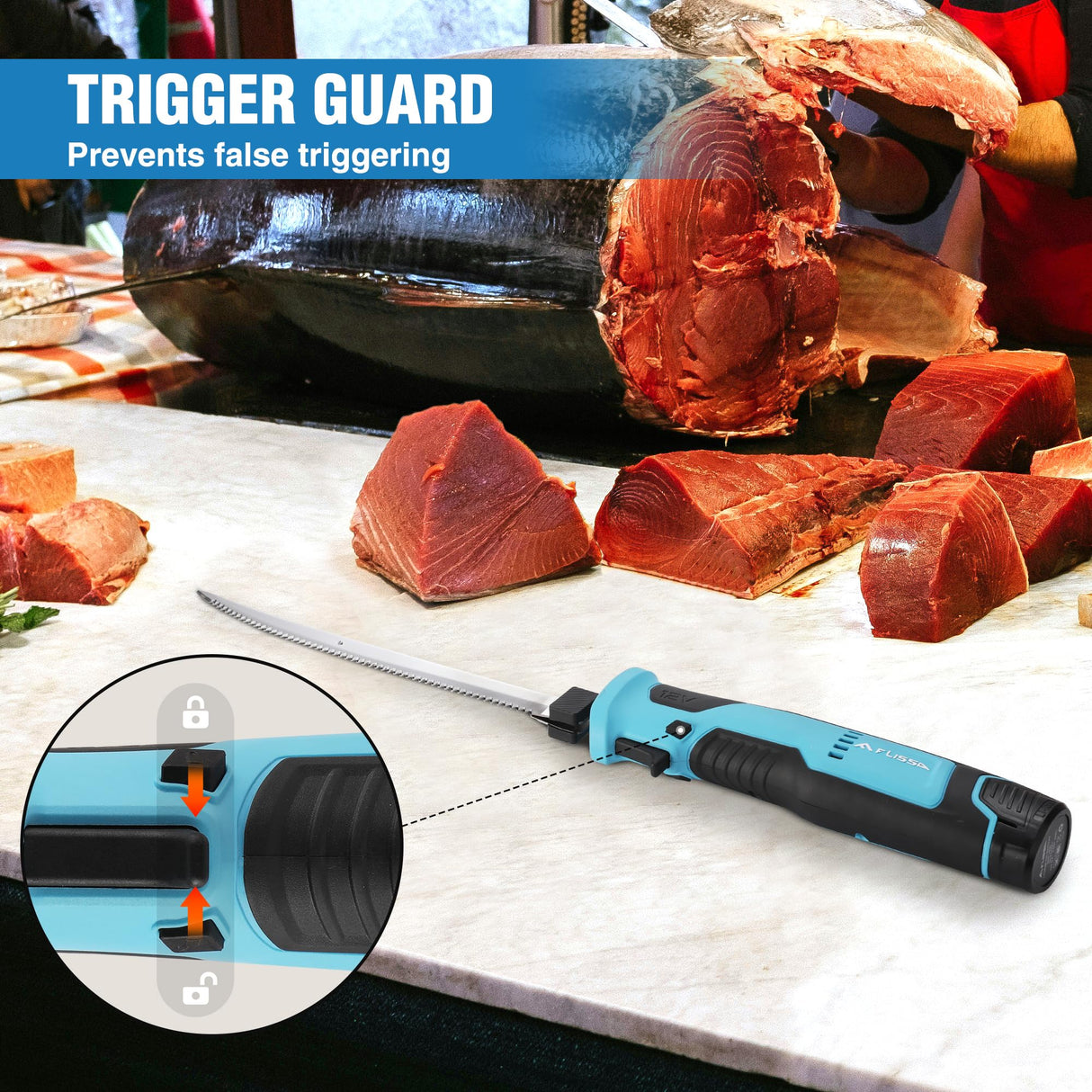 FLISSA Cordless Electric Fillet Knife for Fish with 8" and 10" Stainless Steel Blades, Rechargeable Electric Knife with Non-Slip Handle, 2 Packs Long Lasting Lithium-ion Battery, Portable Carry Case FLISSA