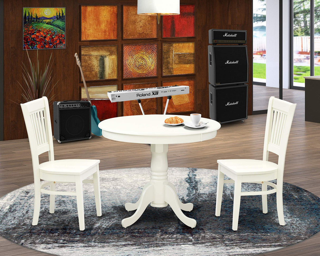 East West Furniture ANVA3-LWH-W 3 Piece Dining Room Furniture Set Contains a Round Dining Table with Pedestal and 2 Wood Seat Chairs, 36x36 Inch, Linen White East West Furniture