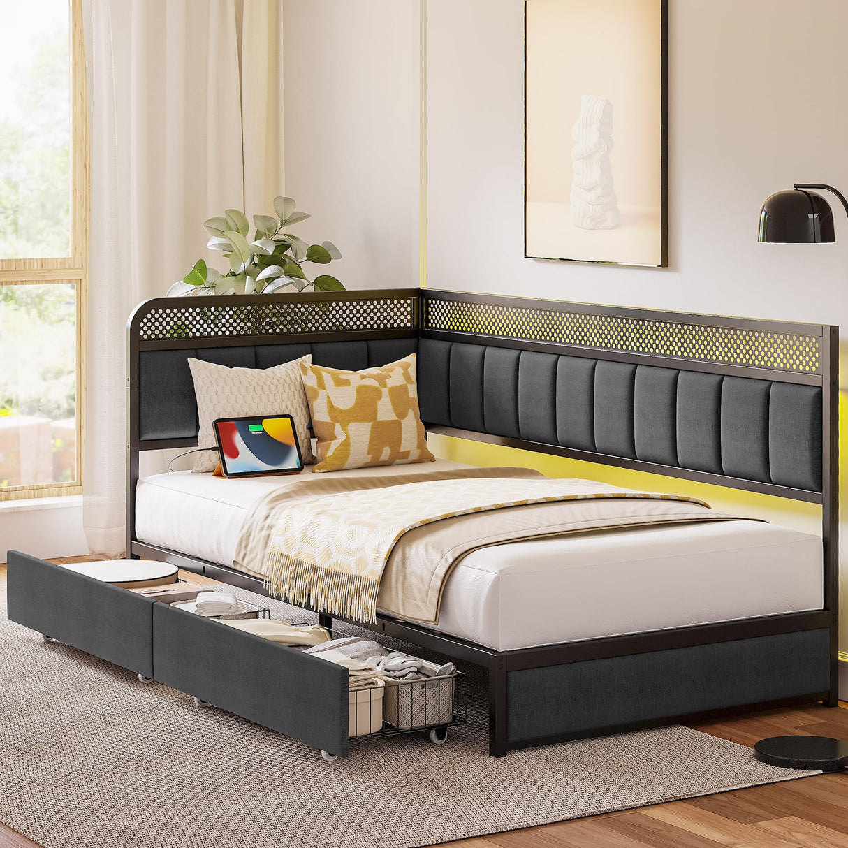 LIKIMIO Twin Corner Bed Frame with Storage Drawers and Charging Station, Modern Twin Daybed with LED Lights and Upholstered Guardrail, Gray LIKIMIO