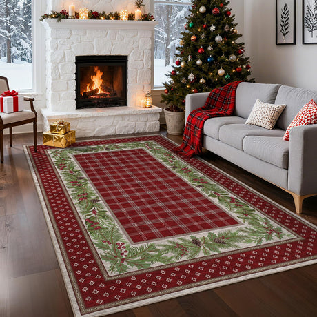 GarveeHome 5x7 Christmas Area Rug for Living Room: Machine Washable Christmas Area Rugs for Bedroom with Non-Slip Backing, Living Room Washable Carpet, Soft Low Pile Non-Slip Bedroom Carpet 5*7 ft Red GarveeHome