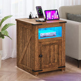 YITAHOME Farmhouse End Table with Charging Station, Nightstand Side Table Coffee Table with LED Lights Adjustable Shelf, Living Room End Table with Storage, Brown YITAHOME