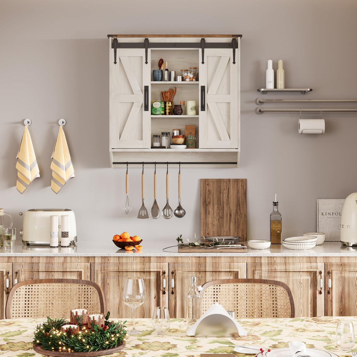 Trironsun Farmhouse Medicine Cabinet 2 Sliding Barn Doors 3 Tier Rustic Wood Wall Storage Cabinet Adjustable Shelf Towel Bar Wall Mounted Bathroom Wall Cabinet (Antique White, 30.71 Inch) Trironsun