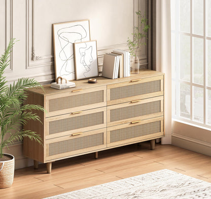 6 Drawer Double Dresser for Bedroom,Natural Rattan Modern Drawer Chest,Wooden Storage Wardrobe Dresser with Gold Handles,Floor Standing Storage Cabinet, for Entrance,Living Room,Hallway-Natural