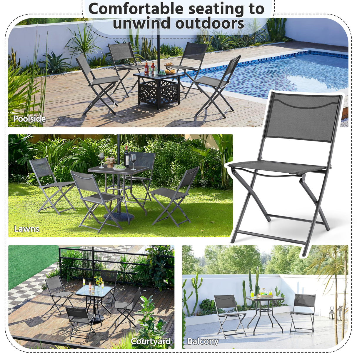 Yaheetech Patio Portable Dining Chairs Set of 4 with Metal Frame, Outdoor Metal Folding Chairs with Backrests for Camping, Lawn, Yard, Beach, Dark Gray Yaheetech