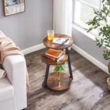 BEWISHOME Round End Table Side Table with Metal Frame, Accent Table Nightstand Bedside Table with 3-Tier Shelves for Living Room Bedroom Couch Small Coffee Table Rustic Brown KTZ41Z BEWISHOME