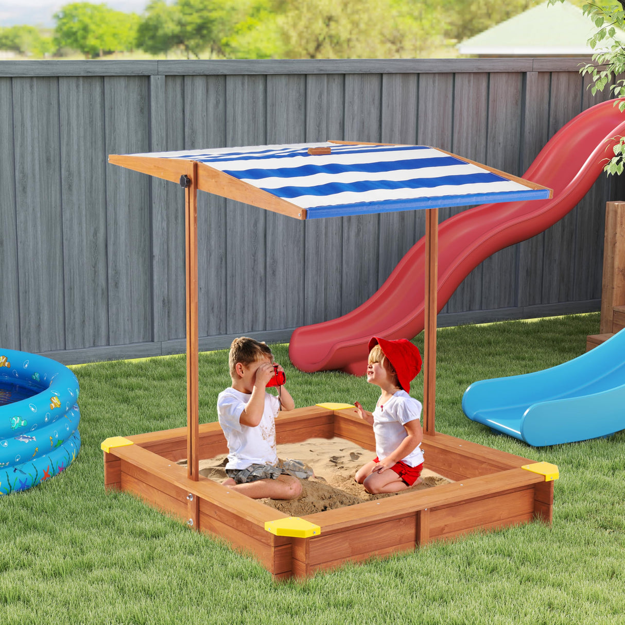 Kids Sandbox with Cover, 46" Wooden Sand Box w/Adjustable Canopy, Large Outdoor Cedar Sandpit for Backyard Play Mederra