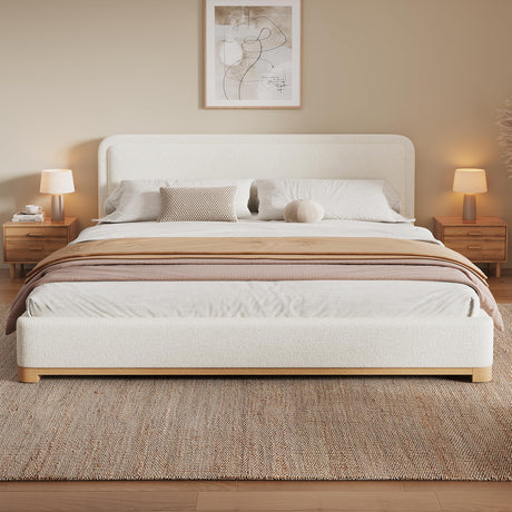 Merax King Size Boucle Bed Frame with Curved Headboard, White Upholstered Cloud Platform Bed, Solid Wood Base, Soft Rounded Corners Design, No Box Spring Needed, Easy Assembly, White Merax