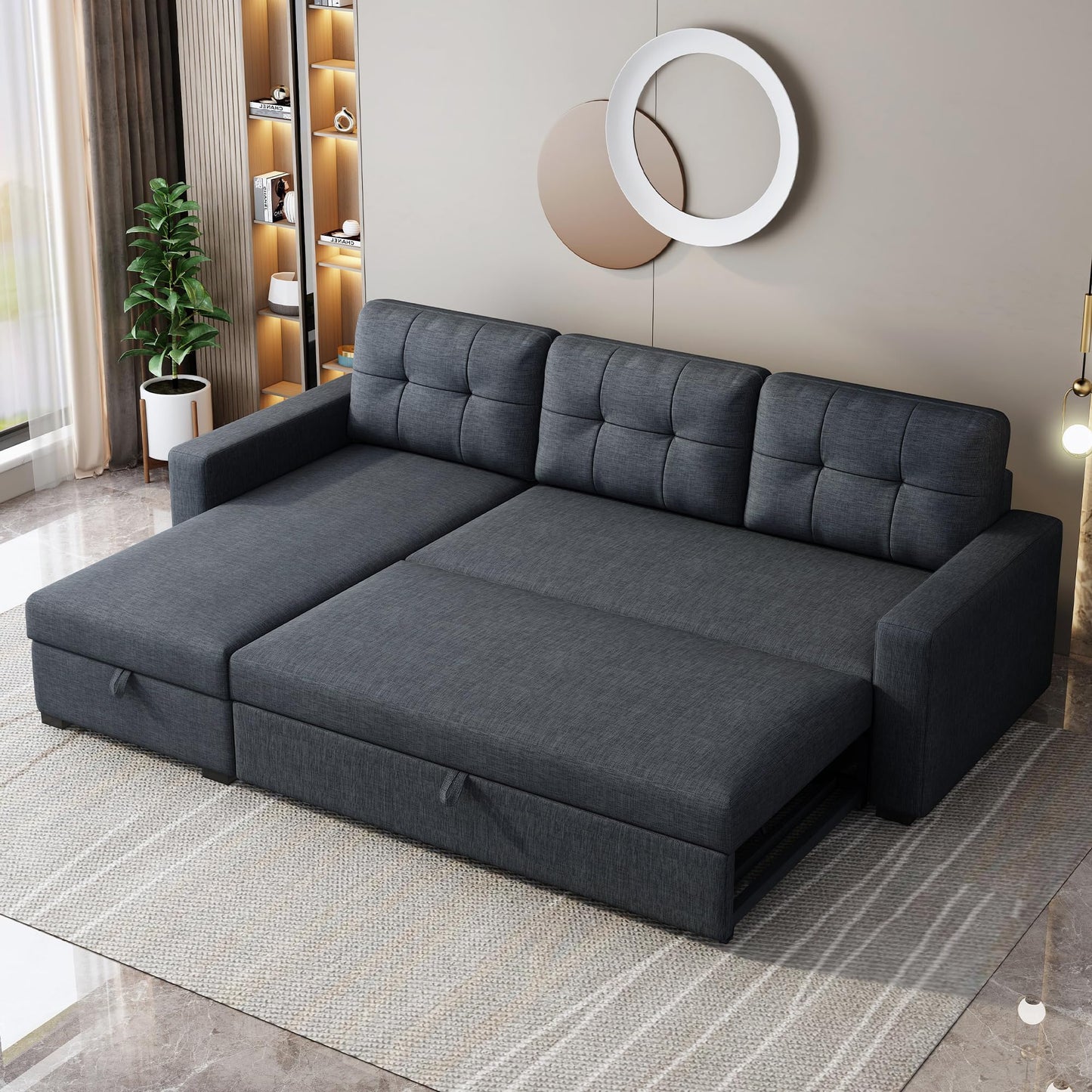 ACQCA 81.5" Sectional Sleeper Sofa with Storage Chaise and Pull-Out Bed,L Shape Convertible Couch with 3 Removable Back Cushions for Living Room,Apartment,Office,Dark Grey