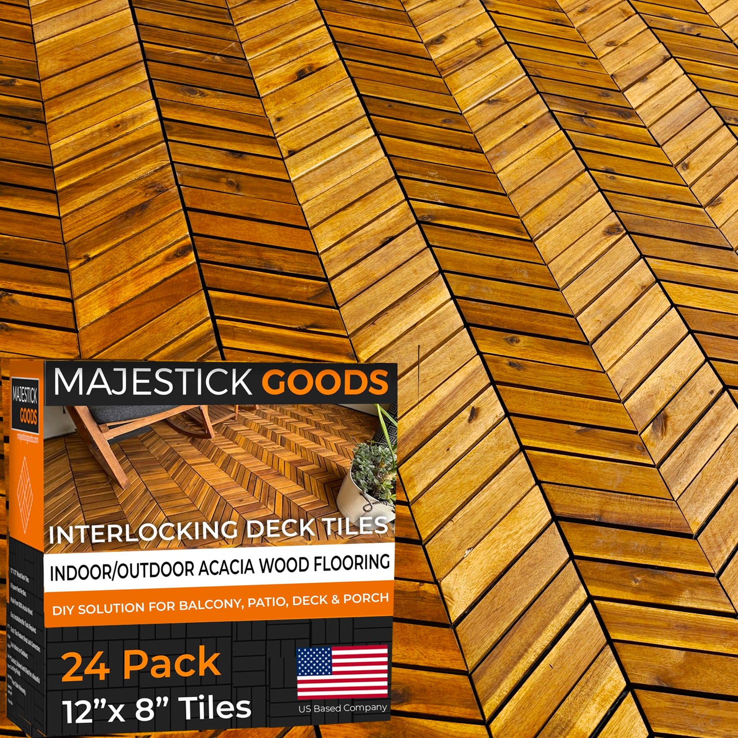 Interlocking Deck Tiles 12" x 9" Herringbone 18 Sq Ft - Non-Slip Acacia Wood Outdoor Tiles for Patio - Decking, Porch and Balcony Flooring Tiles - Easy to Install Wooden Deck Tile Pavers (24  - WoodArtSupply