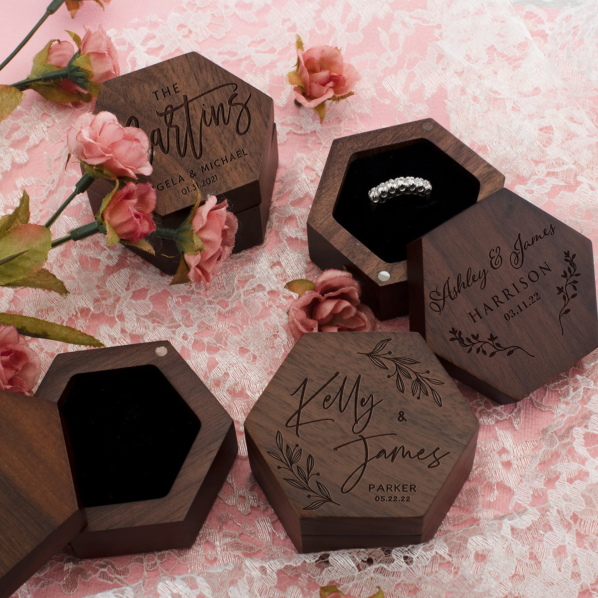 Personalized Wooden Ring Box, Custom Ring Bearer Box, Wooden Heart Ring Box for Wedding Ceremony, 8 Designs with Names and Family Name, Engagement Ring Holder for Proposal, Wedding Keepsake Personalization Lab