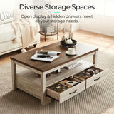 LINSY HOME Farmhouse Coffee Table with Storage, Wood Coffee Table for Living Room, Open Display Area and Storage Drawers with Metal Handles, Chic Style with Curved Base. Oak and Brown LINSY HOME