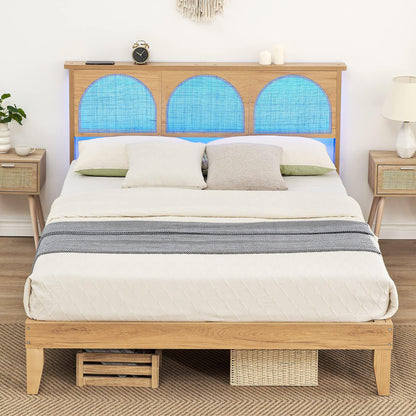 GAOMON Full Bed Frame with Natural Rattan Headboard, Full Size Platform Bed Frame with LED Lights and Rattan Headboard, Wooden Support Legs, No Box