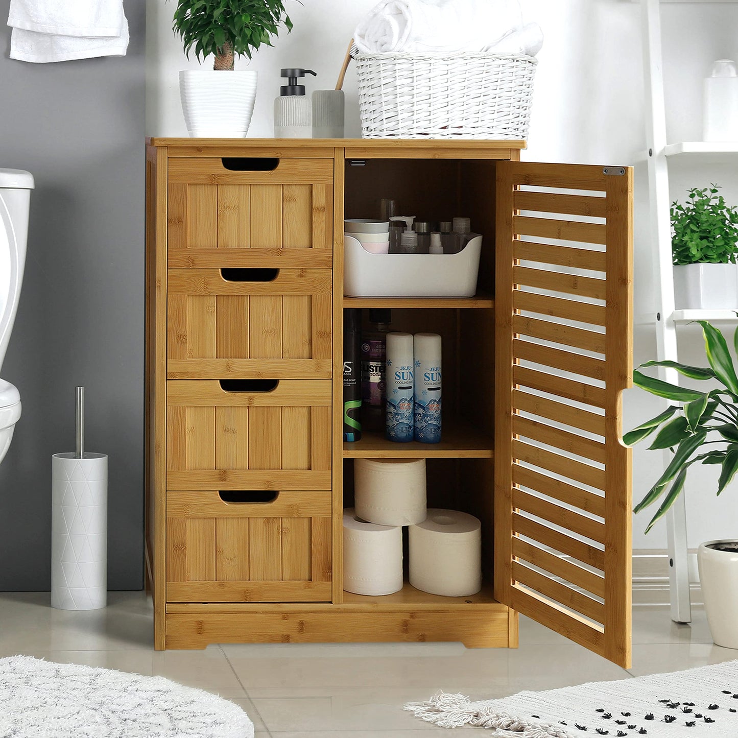 VEIKOUS Bathroom Floor Cabinet with 4 Drawers, Bamboo Freestanding Small Bathroom Storage Cabinet with 2 Removable 23.7inchW x 32.5inchH x 11.9inchD bamboo-floor-cabinet-1 bamboo-floor-cabine - WoodArtSupply