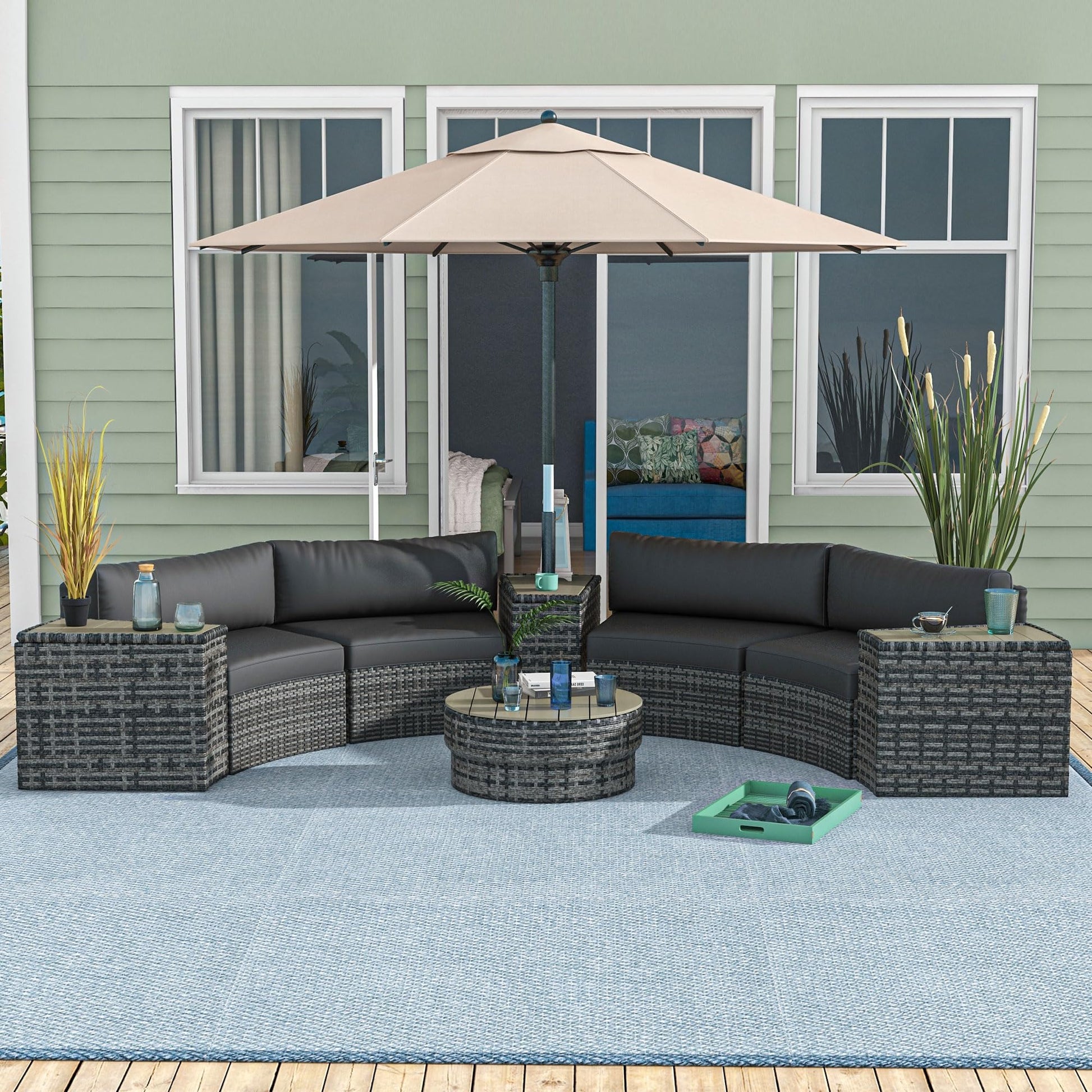 Outsunny 8 Piece Patio Furniture Set with 4 Rattan Sofa Chairs & 4 Tables, Outdoor Conversation Set with Storage & Umbrella Hole for Backyard, Lawn and Pool, Mixed Gray - WoodArtSupply