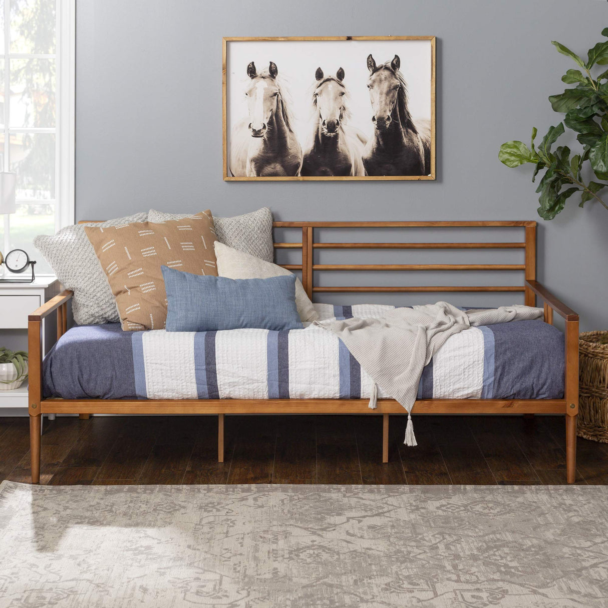 Mid-Century Modern Caramel Wood Spindle Daybed Frame with Headboard and Footboard - Twin Size Walker Edison