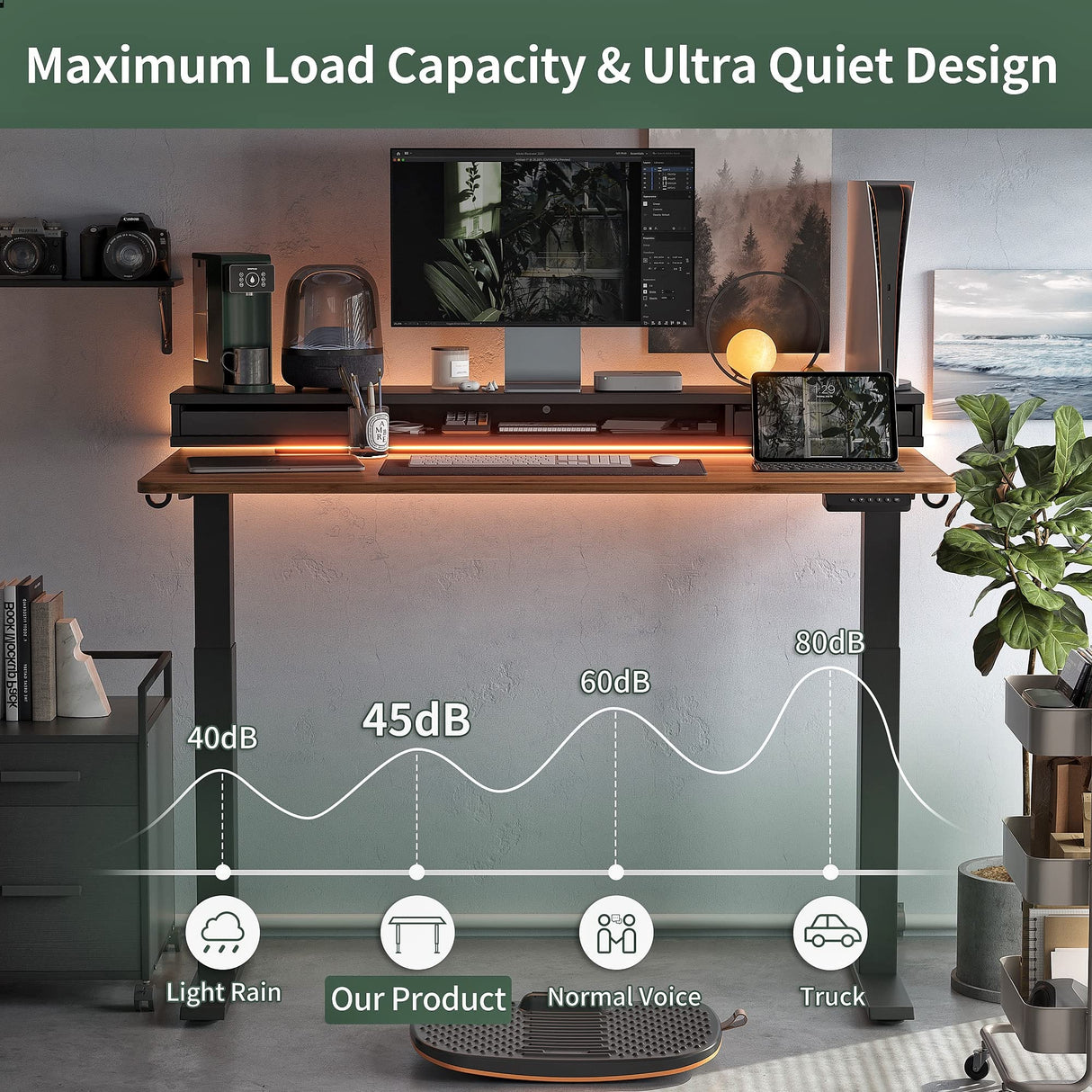 FEZIBO 55 x 24 Inch Height Adjustable Electric Standing Desk with Double Drawers, Stand Up Desk with LED Strips, Sit Stand Desk with Monitor Stand, Black Walnut FEZIBO