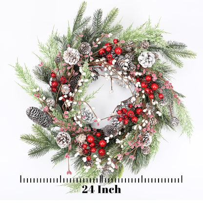 Christmas Wreath for Front Door, 24 inch Winter Wreaths with Natural Pine Cones, Red Berries,Spruce Branches,Xmas Indoor Outdoor Holiday Party Thanksgiving Decorations