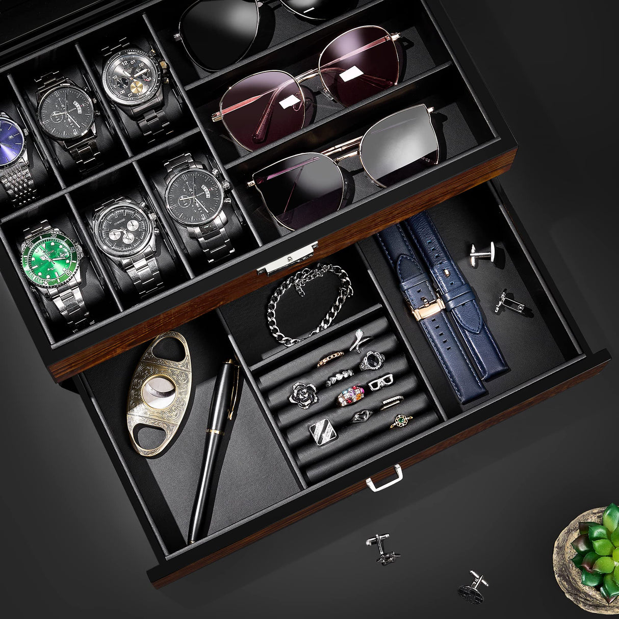 BEWISHOME Watch Box Watch Case Wood Mens Jewelry Box with Valet Drawer Watch Organizer Display Case with Large Glass Lid for Sunglasses Watch Storage, Smooth Faux Leather Interior, Brown SSH32Y BEWISHOME