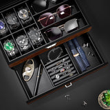 BEWISHOME Watch Box Watch Case Wood Mens Jewelry Box with Valet Drawer Watch Organizer Display Case with Large Glass Lid for Sunglasses Watch Storage, Smooth Faux Leather Interior, Brown SSH32Y BEWISHOME